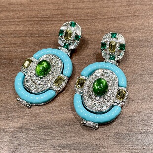 欧美夸张蓝色椭圆形耳环满钻超闪祖母绿耳坠复古女重工礼服配饰31