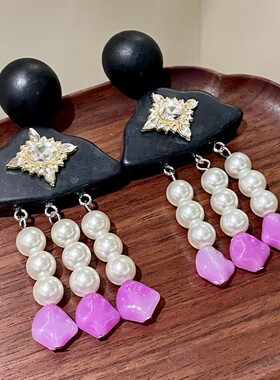 手工耳饰新中式复古木质紫色耳环珍珠流苏个性民族风耳坠79