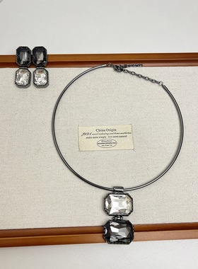 小众设计中古方形水晶吊坠项圈法式复古chocker颈链62