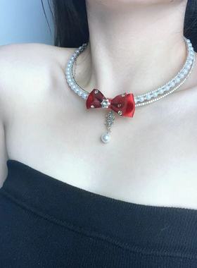 红色蝴蝶结锆石流苏雪花珍珠项链轻奢高级感小众设计百搭锁骨链57
