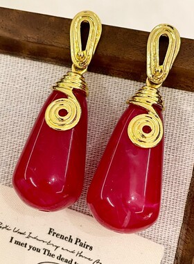 温婉气质粉红色耳环中古夸张复古粉色琉璃水滴感长款耳钉耳饰67