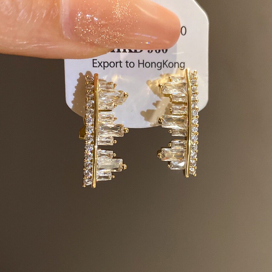 金色满钻立体皇冠五星吊坠耳环小众设计耳钉甜酷风美少女辣妹耳夹