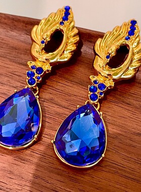 复古高级感轻奢蓝色水滴闪钻耳钉气质孔雀蓝耳环耳饰5157