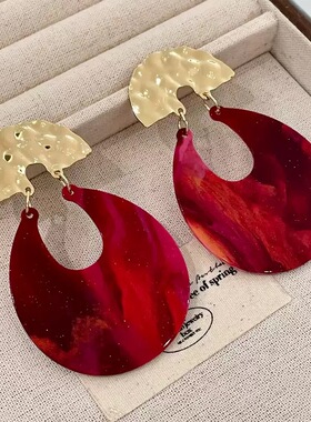 康康老师同款复古渐变红色晕染U形耳钉新娘耳环拍照耳饰97