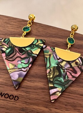 复古三角形绿色耳钉女新款高级感彩色几何耳环复古港风耳饰女68