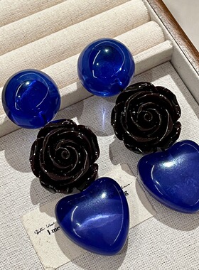 vintage中古深蓝色爱心玫瑰花朵长款扫肩耳环复古女时髦耳钉99