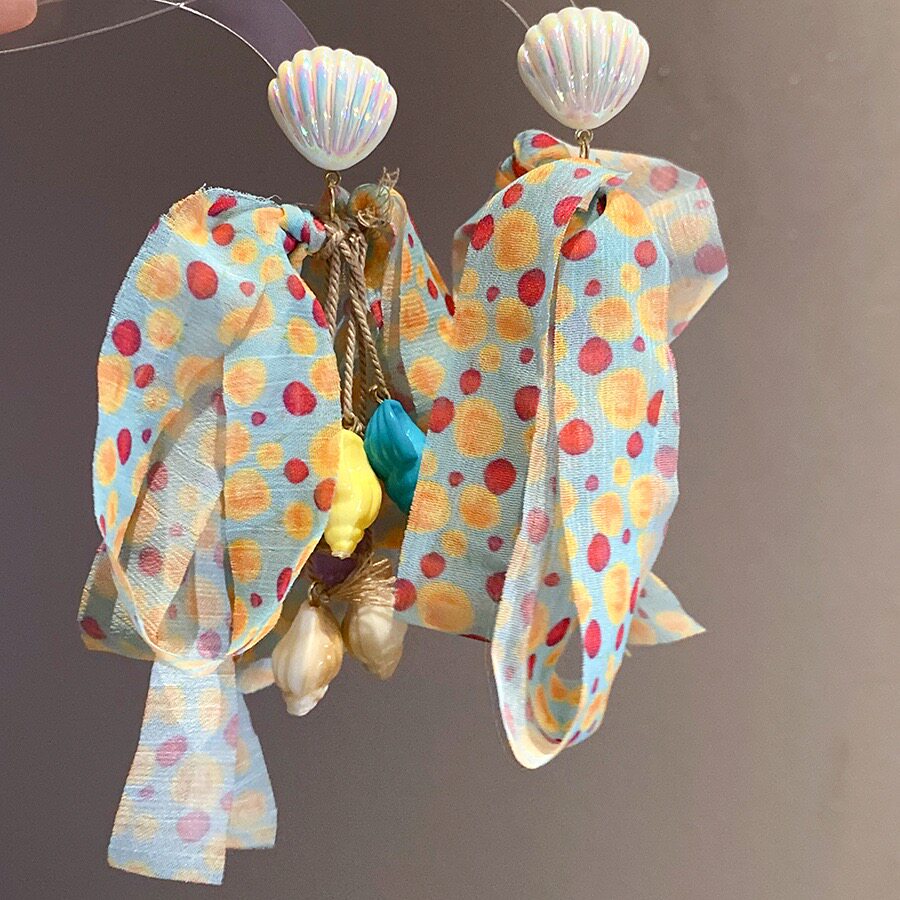 多巴胺贝壳串珠蝴蝶结耳坠女海边度假夸张耳环彩色布艺流苏耳饰品