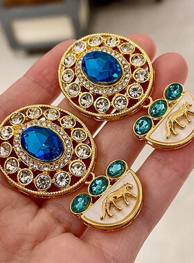 中古印巴风蓝色重工圆形闪钻花朵耳环vintage复古镶钻高级感耳饰2