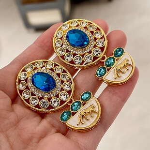 中古印巴风蓝色重工圆形闪钻花朵耳环vintage复古镶钻高级感耳饰2