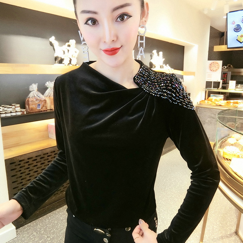 秋冬金丝绒上衣女钉珠镶钻时尚小衫洋气打底衫长袖t恤女1012z