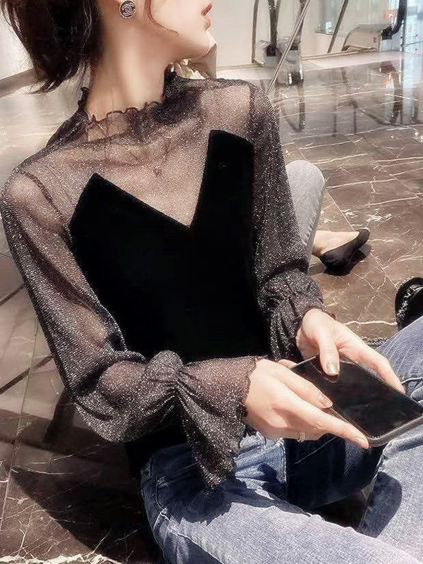 半高领蕾丝底女衬衫，春秋季欧洲时尚时尚纱布内网上衣和小衬衫