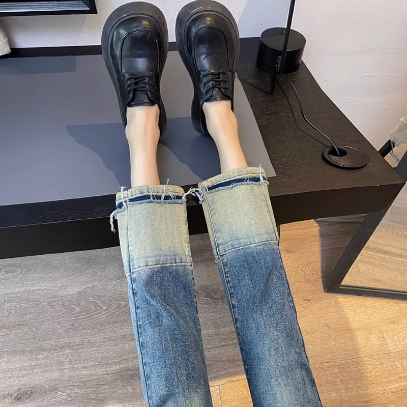 牛仔裤女春秋款欧货渐变撞色金边裤脚直筒裤弹力八九分显瘦烟管裤