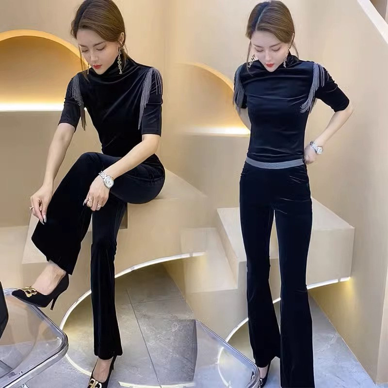 网红时尚丝绒套装女春秋新款洋气流苏五分袖T恤显瘦微喇裤两件套