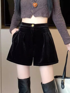 黑色外穿金丝绒短裤女春秋款小个子高腰显瘦宽松阔腿a字打底靴裤
