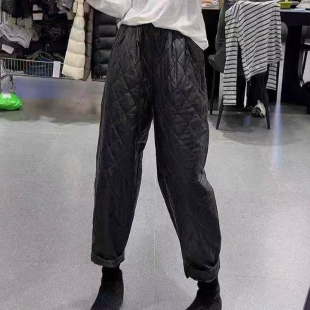 女2025冬季 百搭裤 新款 高腰长裤 子 纯色保暖休闲裤 菱形格蛋白皮棉裤