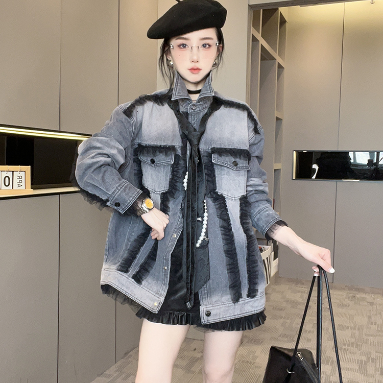 牛仔外套女2025秋季新款珍珠网纱木耳边牛仔服领带翻领长袖上衣
