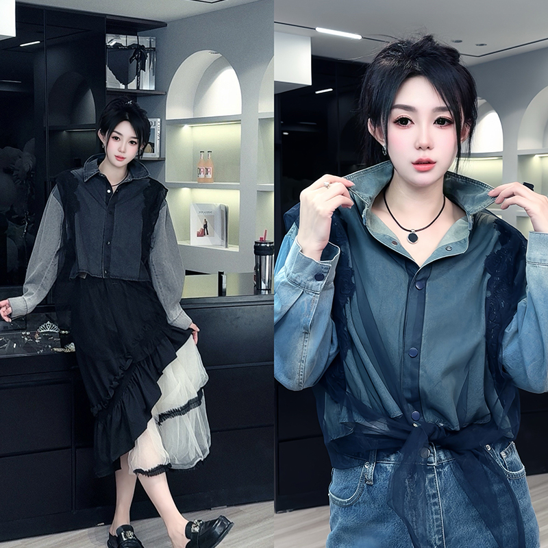 【现货】牛仔衬衫女2025春季新款网纱拼接翻领长袖衬衣单排扣上衣