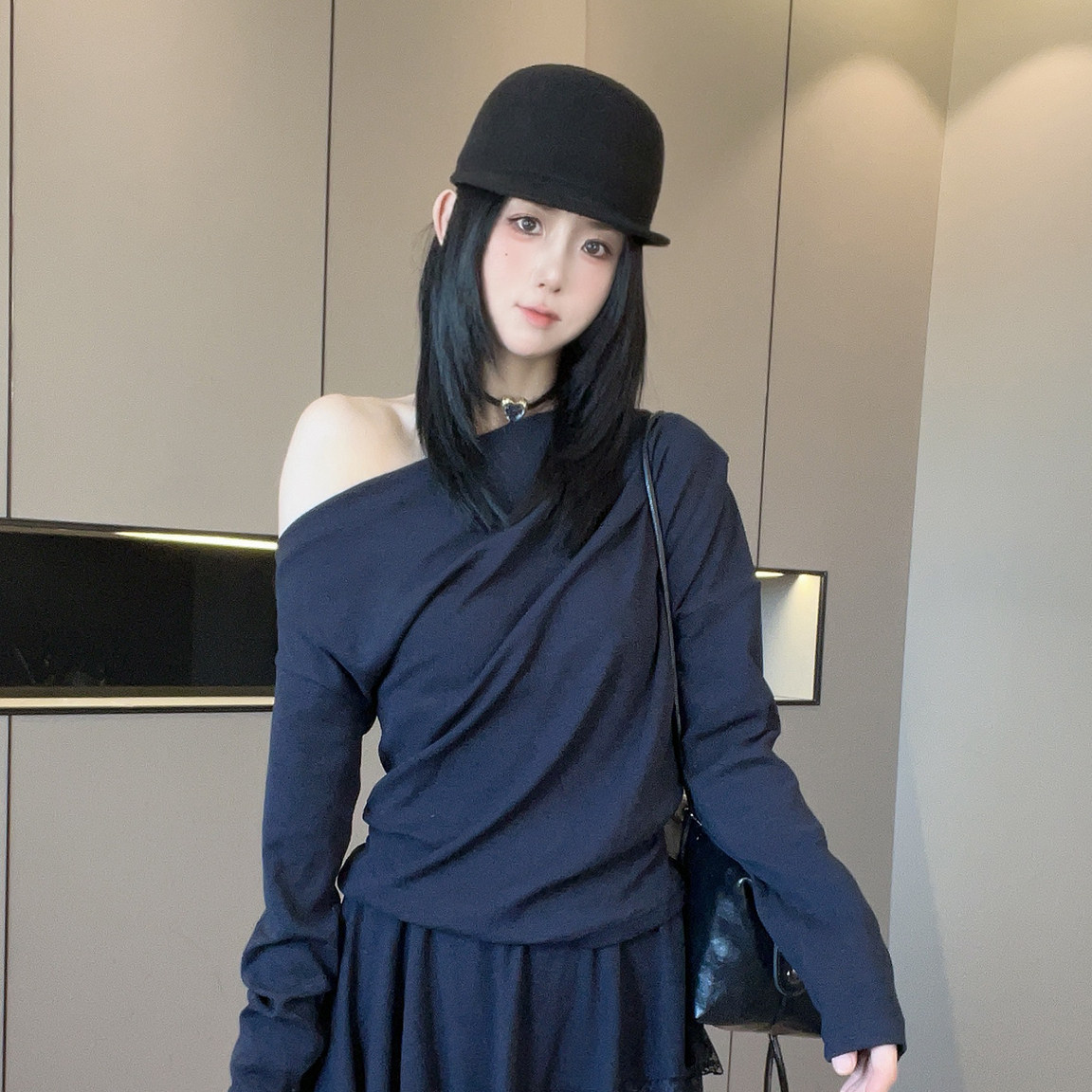 露肩长袖T恤高腰蕾丝裙裤直筒长裤纯色套装两件套女2026秋季新款