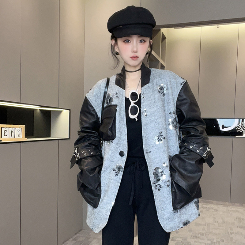 【现货】拼皮外套女2025早春新款花朵亮片立领一粒扣大口袋上衣