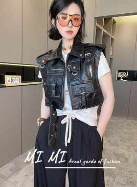 RR fshion 2024秋季新款欧洲站皮马甲女设计感机车风短款无袖外套