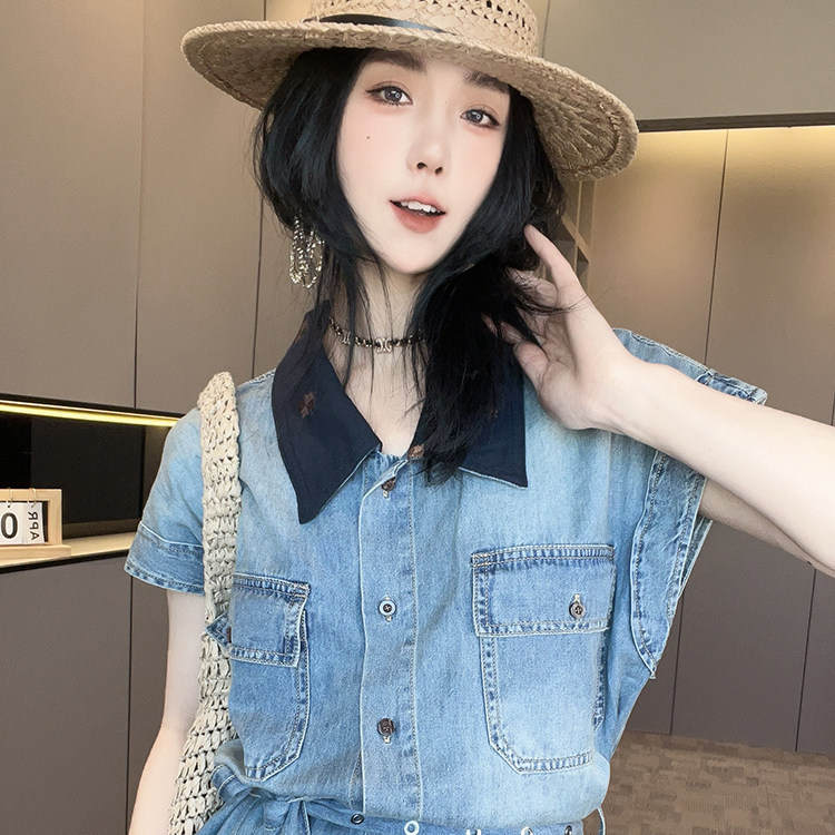 牛仔连衣裙女2026夏季新款拼色翻领短袖牛仔裙单排扣长裙收腰裙子