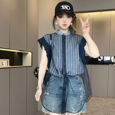 【现货】条纹马甲女2025夏季新款网纱拼接立领单排扣马夹无袖上衣