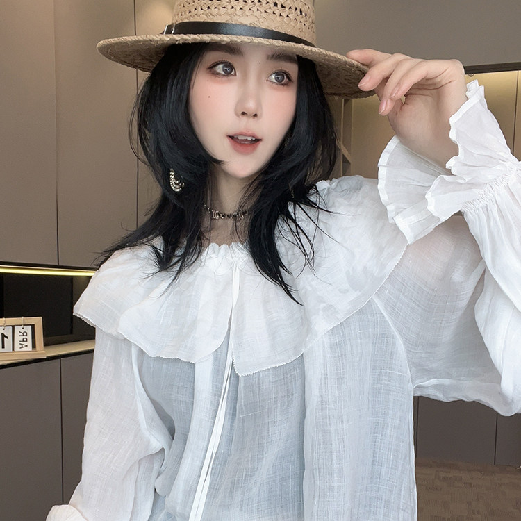 长袖衬衫女2026夏季新款欧洲站设计感纯色一字肩喇叭袖露肩上衣