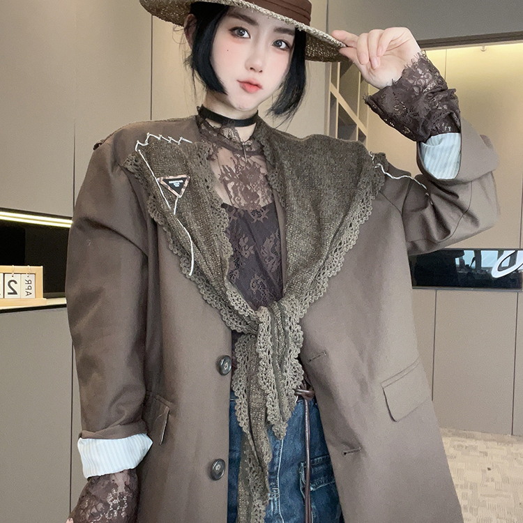 外套女2025秋季新款高级感拼接蕾丝披肩西装单排扣西服长袖上衣