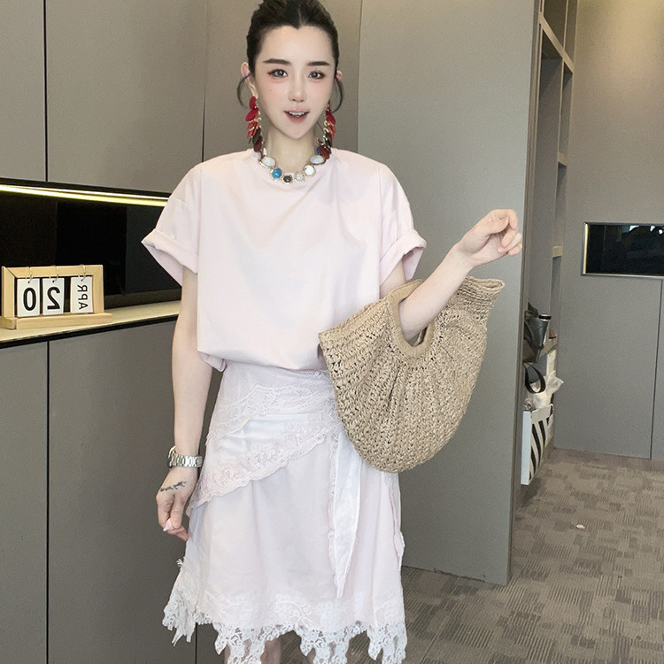 短袖连衣裙女2026夏季新款设计感蕾丝披肩腰封T恤裙圆领半袖裙子