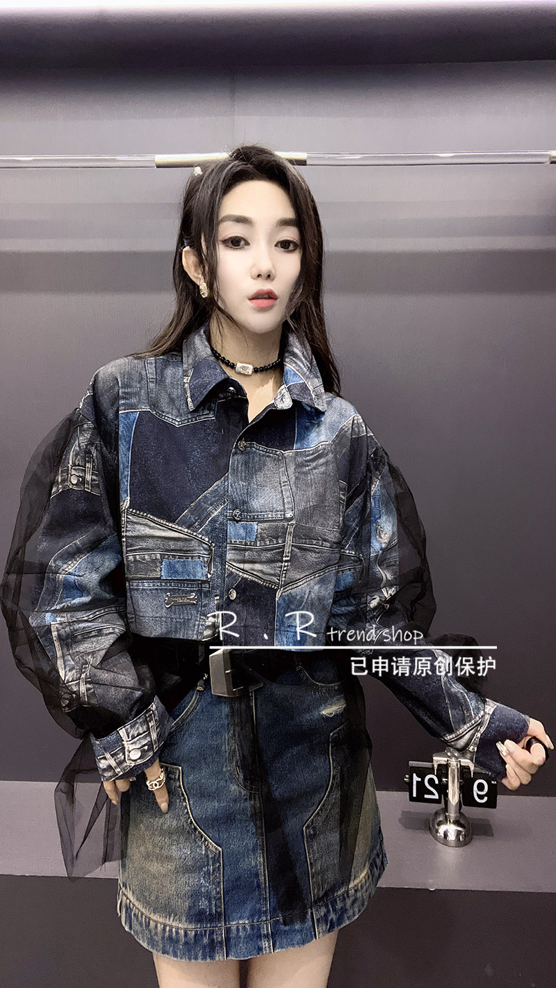 【现货】翻领宽松休闲中长款单排扣网纱拼接涂鸦衬衫女显瘦2025