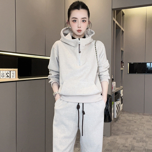 新款 半拉链连帽长袖 两件套女2025秋季 纯色运动套装 上衣高腰长裤