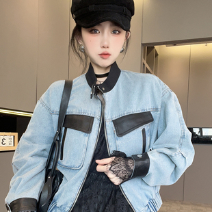 拼皮牛仔外套女2025秋季新款立领大口袋短款牛仔服拉链长袖上衣