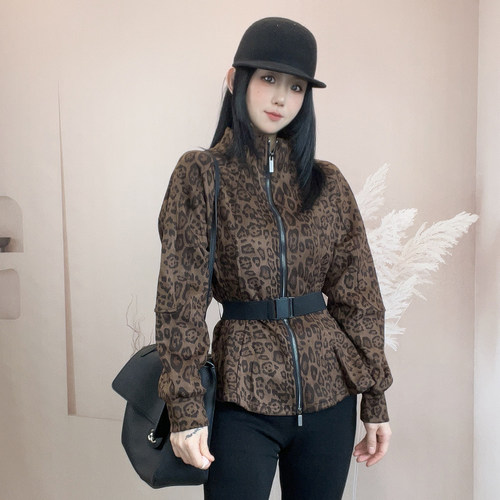 豹纹外套女2026秋季新款欧洲站修身显瘦腰带收腰拉链长袖立领上衣