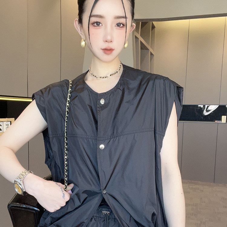 马甲女2026春季新款欧洲站设计感时尚百搭抽绳收腰中长款圆领上衣