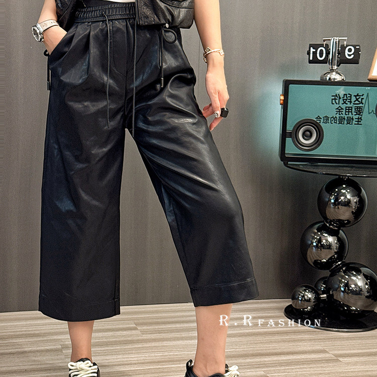 皮裤女2025秋季新款纯色休闲裤高腰直筒裤抽绳松紧腰长裤宽松裤子