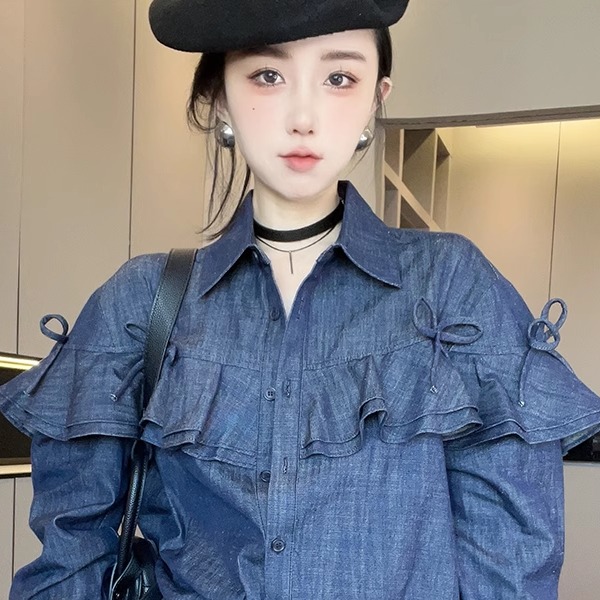 长袖牛仔衬衫女2025秋季新款欧洲站蝴蝶结荷叶边翻领单排扣上衣