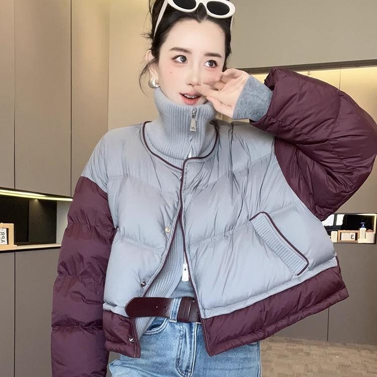 羽绒服女2024冬季新款欧洲站针织拼接大口袋拉链外套拼色长袖上衣