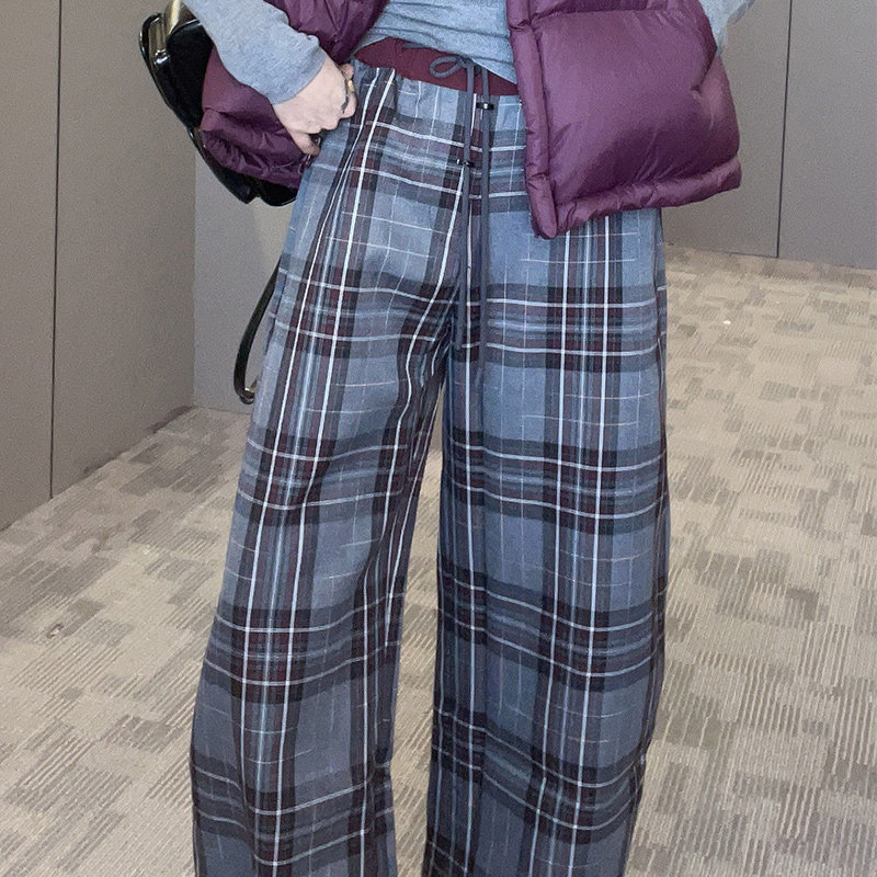 特价格子长裤女2025秋季新款欧洲站休闲阔腿裤高腰直筒长裤裤子,女装/女士精品,休闲裤,淘宝优惠券,粉丝福利购,淘宝优惠卷