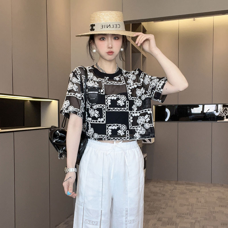 【现货】短袖T恤女2025夏季新款刺绣网纱圆领打底衫短款半袖上衣