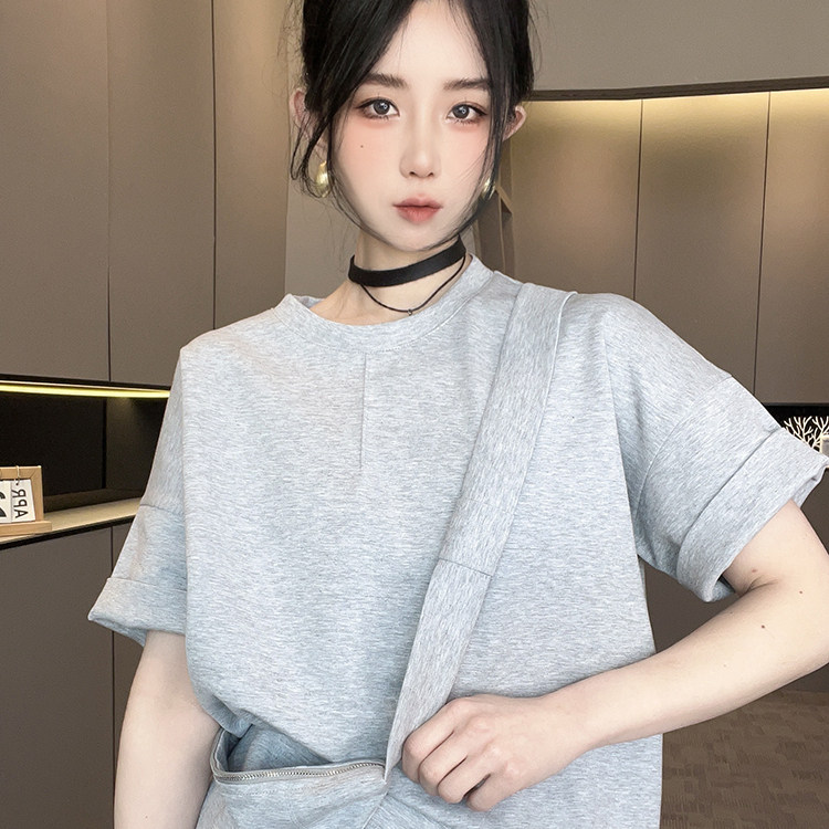 圆领短袖卫衣高腰半身裙长裙纯色套装两件套女2026春季新款欧洲站