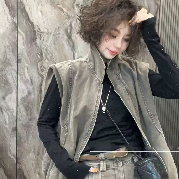 拉链无袖马甲高腰百褶裙短裙牛仔套装两件套女2026春季新款欧洲站