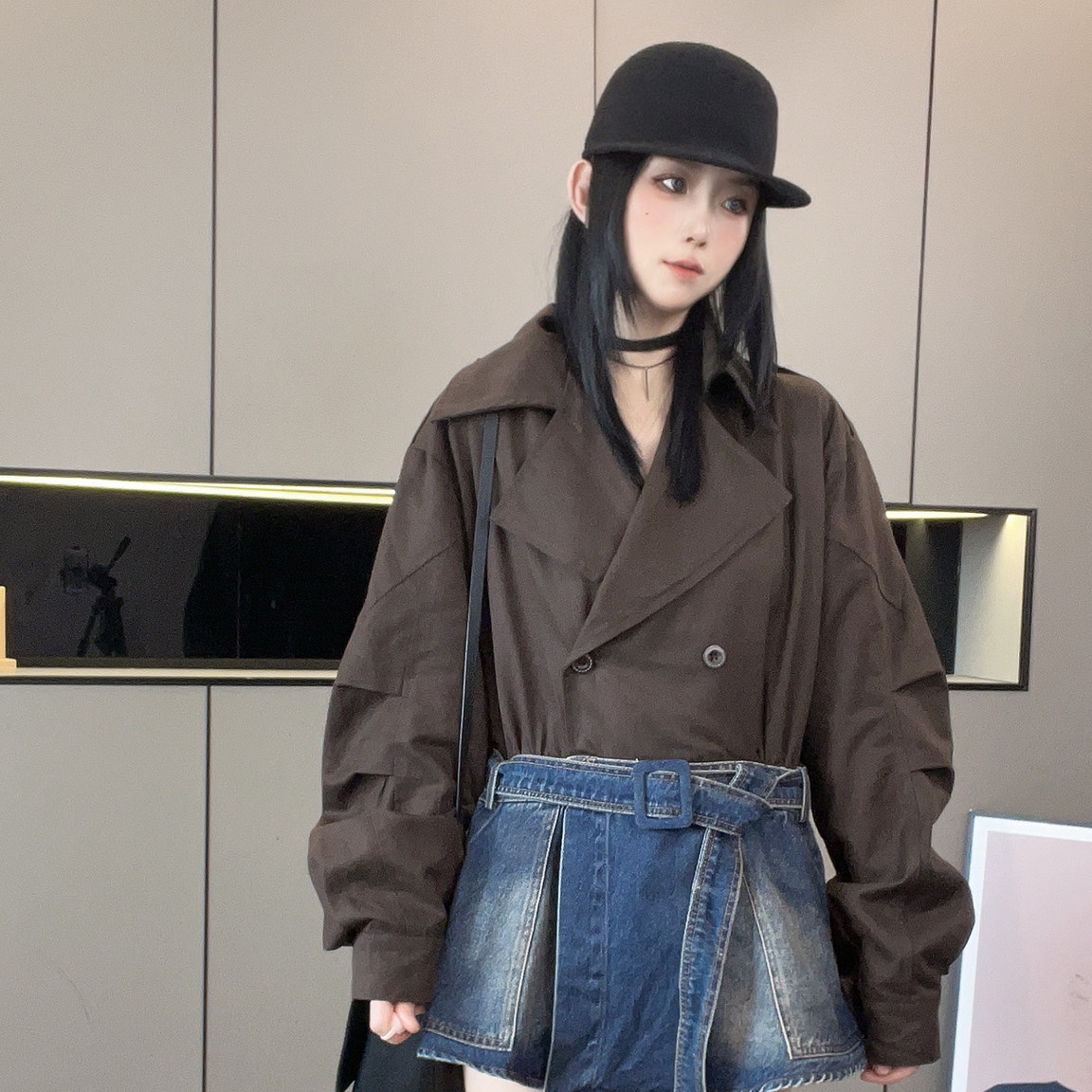 拼接牛仔风衣女2026秋季新款欧洲站中长款系带收腰外套长袖上衣