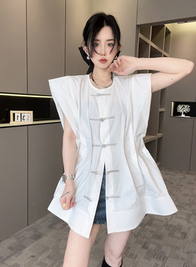 RR fashion 坎肩衬衫女2025夏季新款设计感中长款单排扣纯色上衣