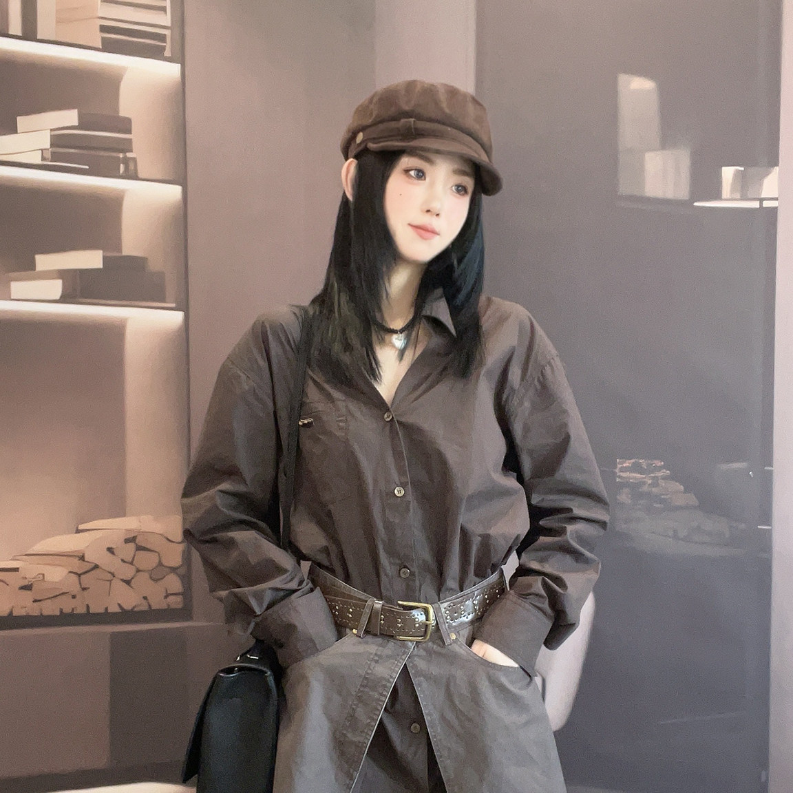 衬衫裙女2026秋季新款欧洲站时尚腰带收腰单排扣连衣裙长袖裙子