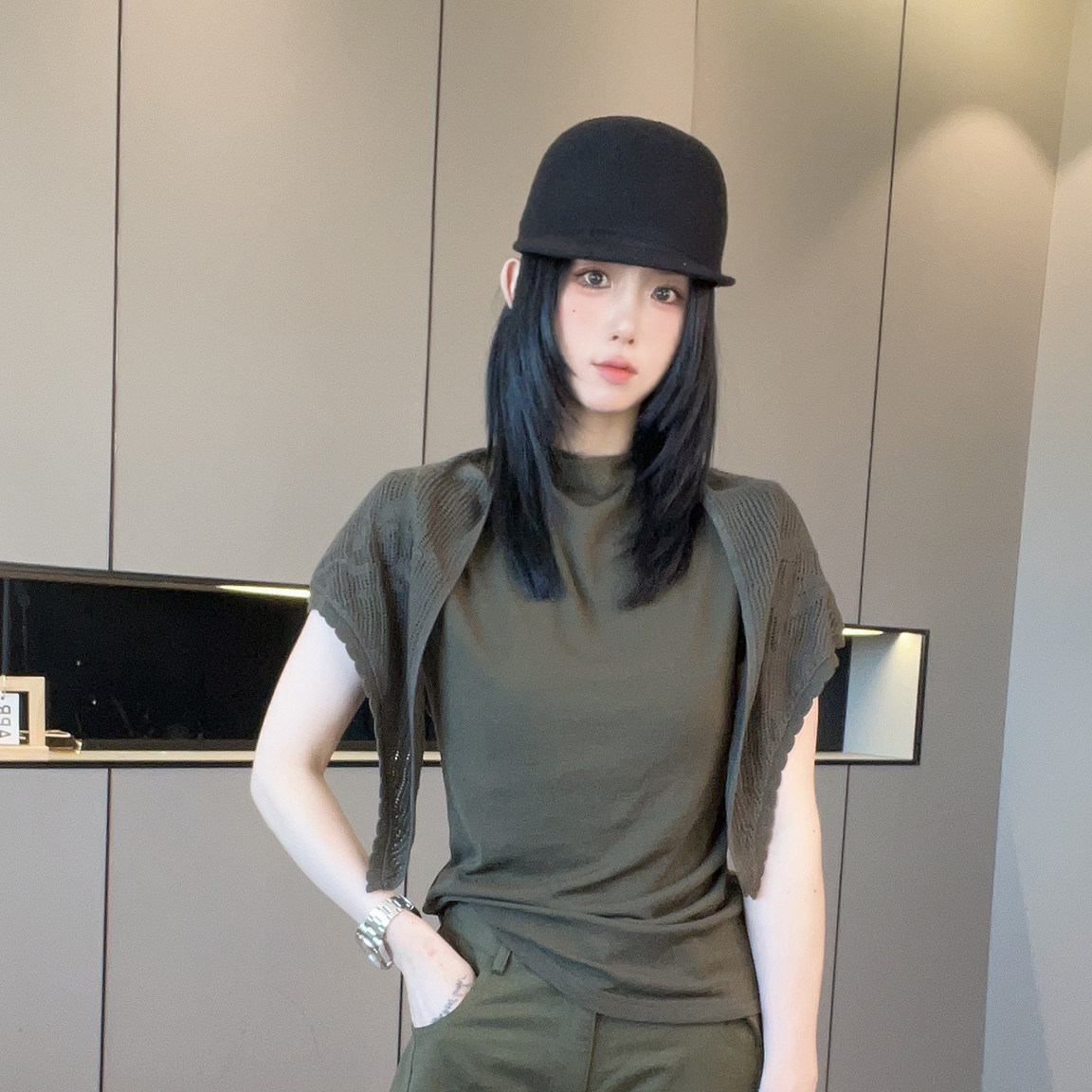 短袖T恤女2026秋季新款针织披肩腰封套头打底衫修身显瘦半袖上衣