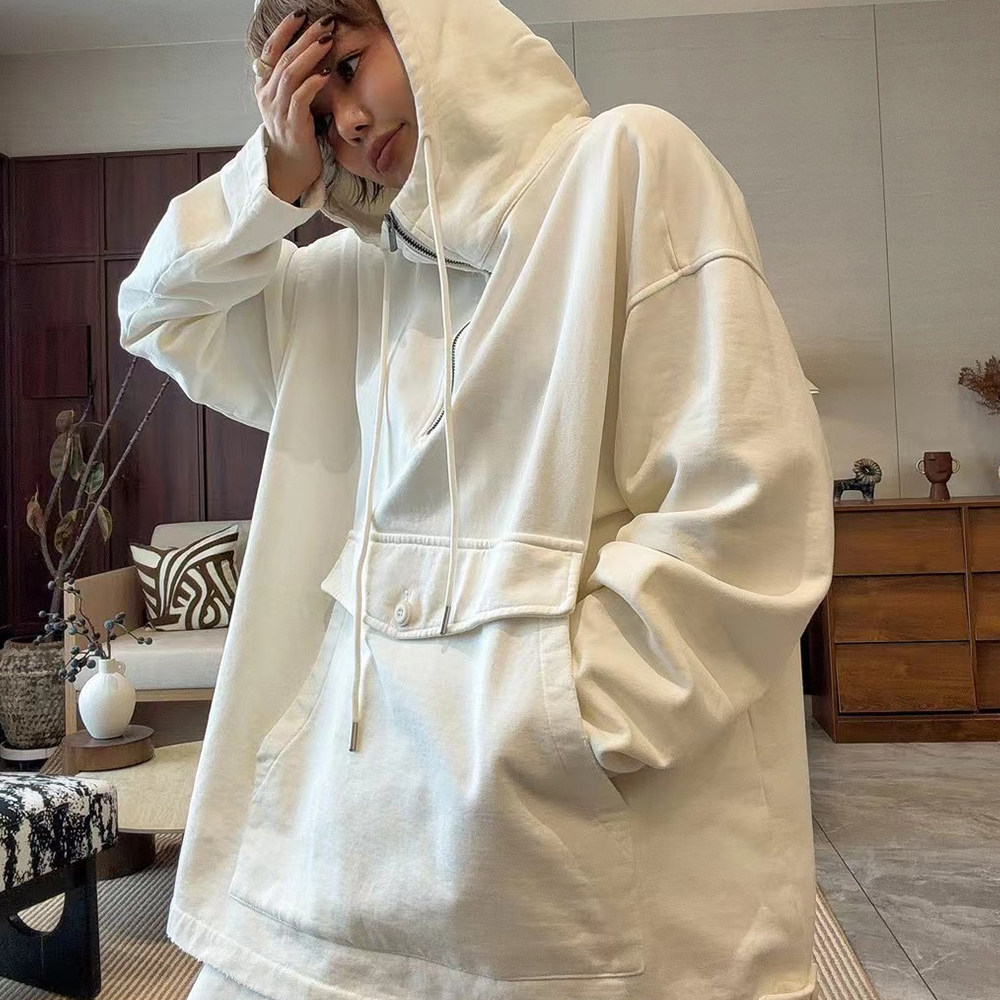 卫衣女2026秋季新款欧洲站中长款宽松纯色抽绳连帽大口袋长袖上衣