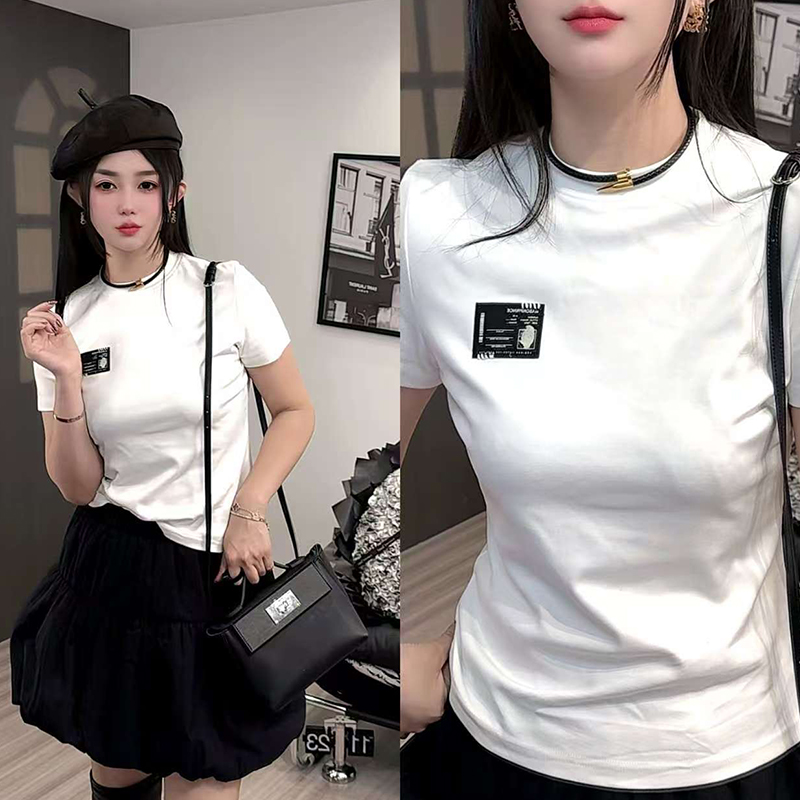 短袖T恤女2025冬季新款设计师款拼色图案印花圆领打底衫半袖上衣