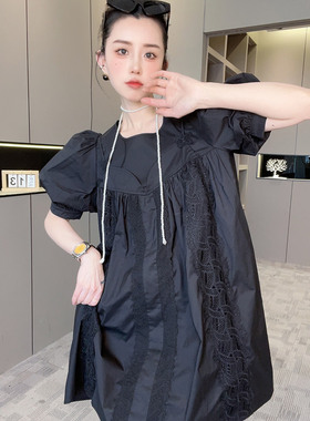 RR fashion 短袖连衣裙女2025夏季新款重工拼接泡泡袖圆领裙子