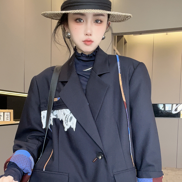 外套女2025秋季新款中长款蕾丝拼接西服翻领西装单排扣长袖上衣