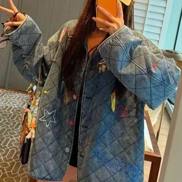 牛仔棉服女2025秋冬新款欧洲站拼接卡通刺绣单排扣外套长袖上衣